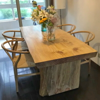 桌子 北歐原木長條桌餐桌長方形服裝木頭桌子復古實木大板桌工作臺