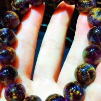 Natural Purple Cacoxenite Auralite 23 Purple Rutilated Quartz Bracelet 13.4mm Flower Clear Round Beads Women Men AAAAAAA