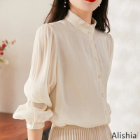 預購 Alishia 韓版花邊立領長袖女襯衫 女上衣 S-XL(白色 / 綠色)