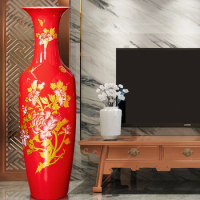 Ceramic Ware Chinese Red Floor Large Vase Decoration Flower Arrangement New Chinese Living Room Decoration Large Extra Large