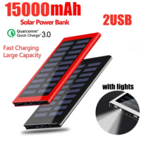 15000mAh Solar Power Bank Large Capacity Portable Two-way Fast Charging Power Bank External Battery With LED Lights For Xiaomi