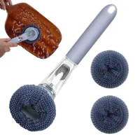 Long Handle Pot Brush Kitchen Pot Brush Pot Cleaning Brush With Refillable Cleaning Fluid Space 3 Brush Balls For Frying Pans