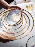 北歐風ins金邊水果盤子 創意套裝玻璃盤家用輕奢沙拉盤碟子餐盤