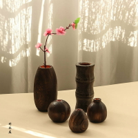 日式花器復古創意竹木擺件臺面新中式客廳桌面花店插花干花小花瓶