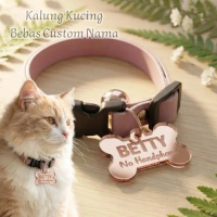 Kalung kucing gratis ukir nama bahan kulit akrilik rose gold motif tulang murah berkualitas premium