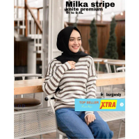 Baju Knit milka strip burgendy RO Sweater Wanita rajut coklat susu Kekinian@@ Fit Knitwear Atasan Pa
