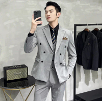 Bộ Vest Nam, Bộ Suit Nam Cao Cấp 6 Cúc Màu Xám Sáng