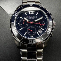 COACH44mm圓形銀精鋼錶殼寶藍色錶盤精鋼銀色錶帶款CH00180