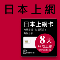 【citimobi】日本上網卡8天吃到飽(1GB/日高速流量)