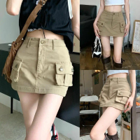 Skirt Overall Wanita, Gaya Gyaru Retro, Fesyen Seksi, Pinggang Tinggi Khaki Perempuan