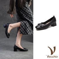 【Vecchio】真皮跟鞋 粗跟跟鞋/真皮羊皮蝴蝶結滾邊造型淺口粗跟鞋(黑)