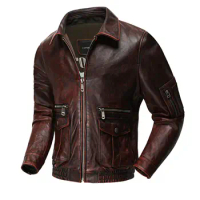 Men Corium Air force Flight Jacket High Quality Vintage Distressed Top Layer Cowhide Flight Jacket Red Brown Short Moto Jacket