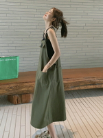夏季正韓軍綠色工裝背帶長裙寬松顯瘦休閒減齡連身裙女