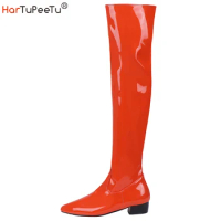 Women Over the Knee Boots Wide Calf Size 34~48 Candy Colour Chunky Low Heel Pointy Toe Patent Leather Comfortable Boot Zip Shoes