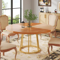 Tribesigns Round Dining Table for 4, 47 inch Kitchen Table Large Dinner Table with Circle Golden Metal Base Wood Grain Top