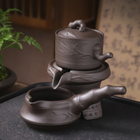 紫砂節節高升石磨自動壺+公道杯 家用紫砂創意懶人自動茶具茶壺