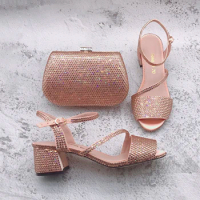 BS1664 Customize Handmade Dress Sandal Women Shoes Bridal Wedding Peach Rose Gold Crystal Shoes With Matching Bag Set
