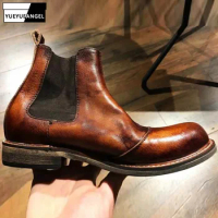 Vintage Real Leather Classic Chelsea Boots Men Handmade Slip On Ankle Boots Autumn Round Toe High Top Safety Shoes Couple
