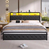 Queen Bed Frame with LED Lights Platform Bed King Size with Headboard Storage for indoor bedroom furniture