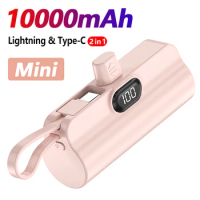 10000mAh Mini Power Bank Built-in USB C Cable Portable External Spare Battery Powerbank Charger For iPhone 14 Samsung Xiaomi