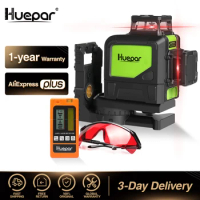 Huepar 8 Lines Red Laser Level 360 Horizontal Vertical Cross Line Self-leveling Laser + Laser Receiver &amp; Laser Enhanced Glasses