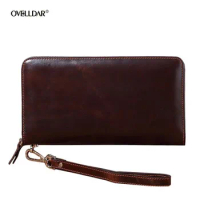 Genuine Leather Men's Long Wallet Retro Zipper Wallet First Layer Cowhide Clutch Bag Oil Wax Leather Fashion Men's Wallet