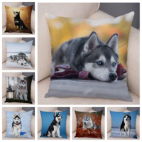 Cute Siberian Husky Pillowcase Decor Dog Printed Super Soft Short Plush Pillow Case 45*45cm Pet Animal Cushion Cover for Sofa