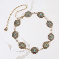 Fashion Antique Gold Alloy Western Floral Circle Conchos with Turquoise Women`s Chain Belt