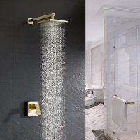 Bathroom Shower Faucet Set Brushed Gold In wall Rainfall Shower Faucet Wall or Ceiling Wall Mounted Shower Mixer 8“ ”Shower Head
