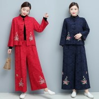 秋冬新款中國風復古提花亞麻刺繡女上衣外套+闊腿褲大碼套裝1入
