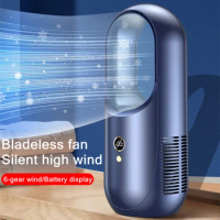 Household Table Silent Bladeless Electric Fan Usb Rechargeable 2000mAh Battery Operated Standing Cooling Fan 6-speed Adjusted