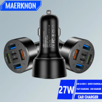 6 Ports USB Car Charger 27W Mini Fast Charging PD Type C Car Chargers For iPhone 15 Xiaomi Samsung Phone Charger Adapter In Car