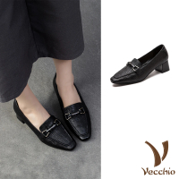 【Vecchio】真皮跟鞋 方頭跟鞋/全真皮羊皮小方頭印花馬銜扣飾高跟鞋(黑)