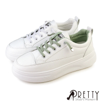 Pretty 女 小白鞋 休閒鞋 皮革 厚底 增高 免綁帶(綠色、白色)