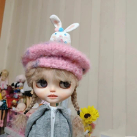 Blythe hat Rabbit bud Gradient cap hand woven wool hat (Fit blythe、qbaby ob11 Doll Accessories)
