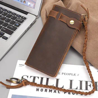 Vintage Genuine Leather Men's Clutch Wallet Crazy Horse Leather Man Chain Bifold Phone Purse Male Inner Zipper Clutches