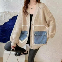 【巴黎精品】毛衣外套長袖針織衫-V領拼接牛仔口袋女外套2色a1dh88