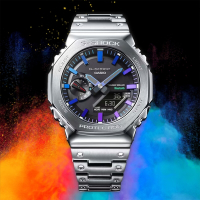 CASIO 卡西歐 G-SHOCK 八角全金屬 彩虹光譜 太陽能藍芽雙顯手錶 母親節送禮首選-百搭銀 GM-B2100PC-1A