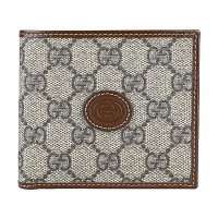 GUCCI Interlocking皮革鋼印LOGO經典帆布結合牛皮4卡對開零錢短夾(男款/米x棕)