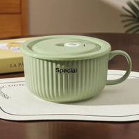 全城熱賣 - 忌廉風陶瓷泡麪碗家用帶蓋保鮮飯碗可微波爐學生手柄碗上班便當盒（抹茶綠）6英寸泡麪碗+保鮮蓋 （可下大面餅）