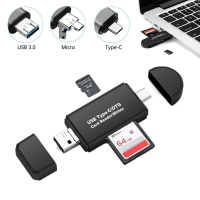 YC320 OTG 3in1 Card Reader Type C 3.0 Version USB Micro USB 2.0 Combo to 2 Slot TF SD Card Reader Bl