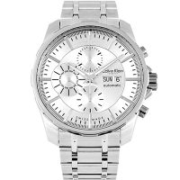 Calvin Klein 經典自動上鍊三眼計時機械腕錶-銀白/46mm