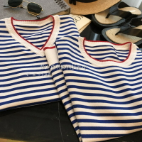 這款Y定要入！清爽藍白條紋寬松圓領/V領海魂衫針織衫T恤女夏薄