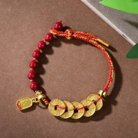 本命年紅繩招財納福五帝錢編繩手鍊硃砂手工編織古風復古民族風