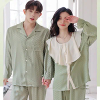 Spring New Couple Long Sleeve Nightwear Jacquard Ice Silk Pyjamas Sleepwear Pajama Set For Men And Women Casual Sleepwear PJS