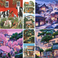 Japanese Style House Painting By Number 20x30 Oil Paint Art Stickers &amp; Posters Craft Kit For Adults Home Decor Child's Gift 2023