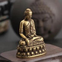 Vintage Brass Sitting Buddha Figurine Small Sakyamuni Statue for Collection Journey Worship Antique Home Desktop Decor