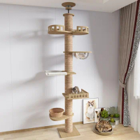 Cat Supplies Wooden Cat Tree House Multifunction Pet Furniture Cat Toys Kitten Climbing Scratching Tower With Hammock Cat Bed