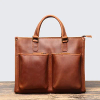 Vintage Men's Real Leather Handbag Top Layer Cowhide Lightweight Briefcase Work Commuting Women's Crossbody Bag