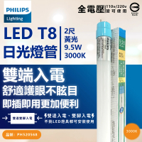 【Philips 飛利浦】6支 LED T8 2尺 9.5W 830 黃光 全電壓 雙端入電 日光燈管_ PH520568